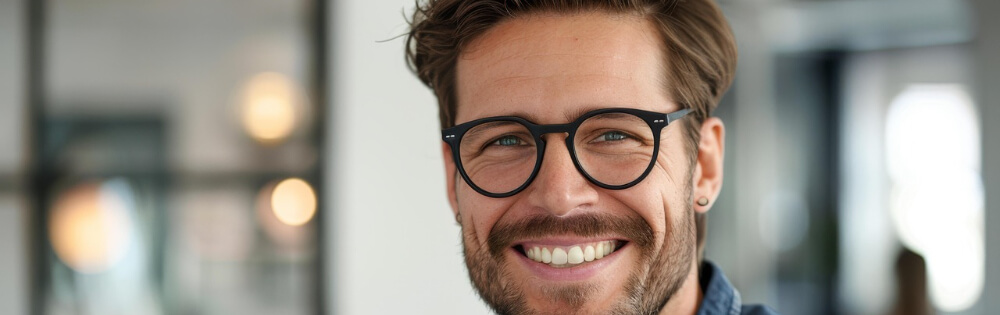 Ein lächelnder Mann mit Brille und Bart in einem Büro.